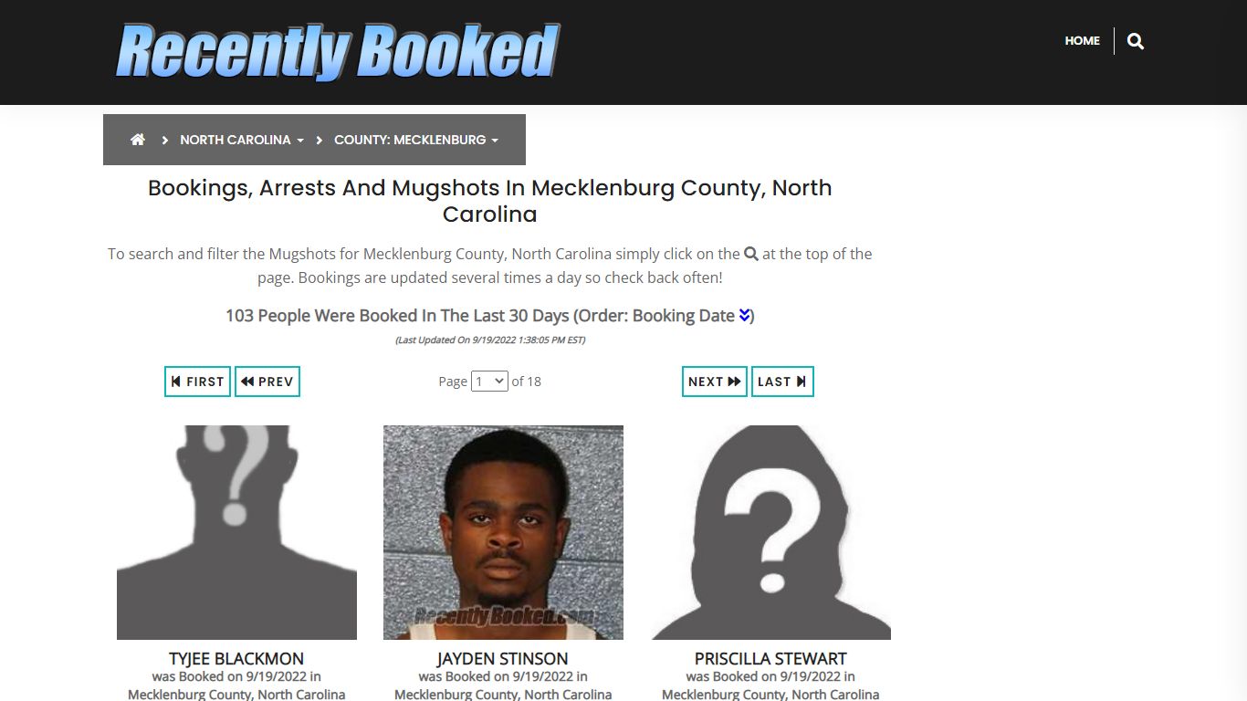 Recent bookings, Arrests, Mugshots in Mecklenburg County, North Carolina